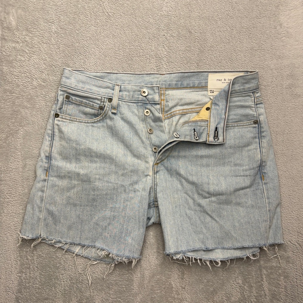 Rag & Bone Denim Shorts Mens 32 Light Wash Fit 2 Slim Raw Hem Button Fly Blue
